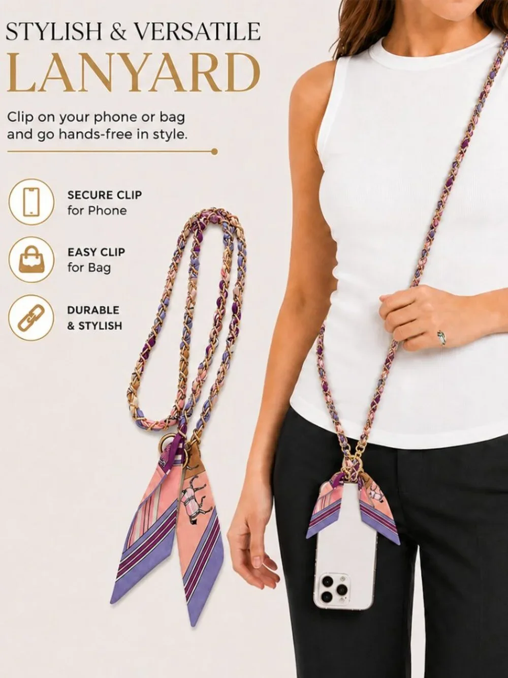 Ribbon Chain Phone Crossbody Lanyard with clear Tether Patch